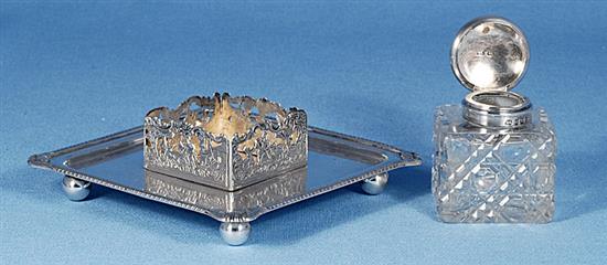 A Victorian silver square inkstand, 5 ¼”/135mm Weight (base only) 7oz/197grms